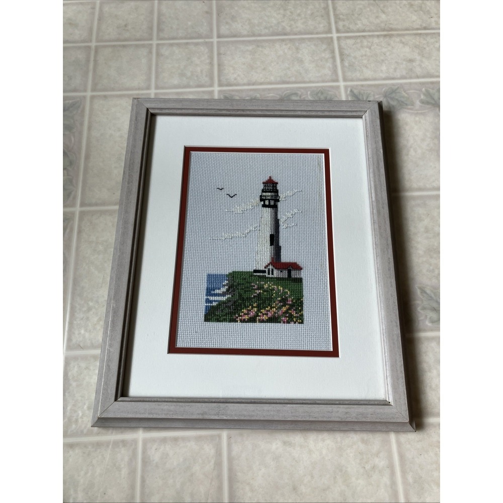 90's LIGHTHOUSE Framed Matted Cross-Stitch Picture 11.25" x 13.75" Neutral White